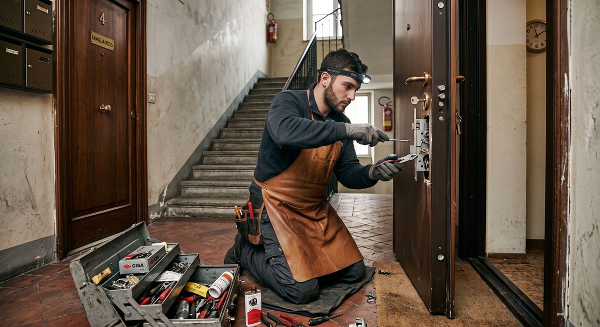 Fabbro a Torino al lavoro sulla serratura di una porta blindata